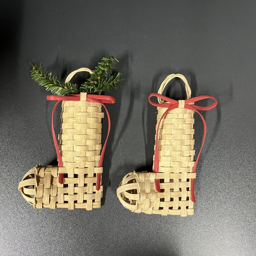 Vintage Christmas Santa Sock Decor Ornament Bamboo Handmade Signed Rare (READ)